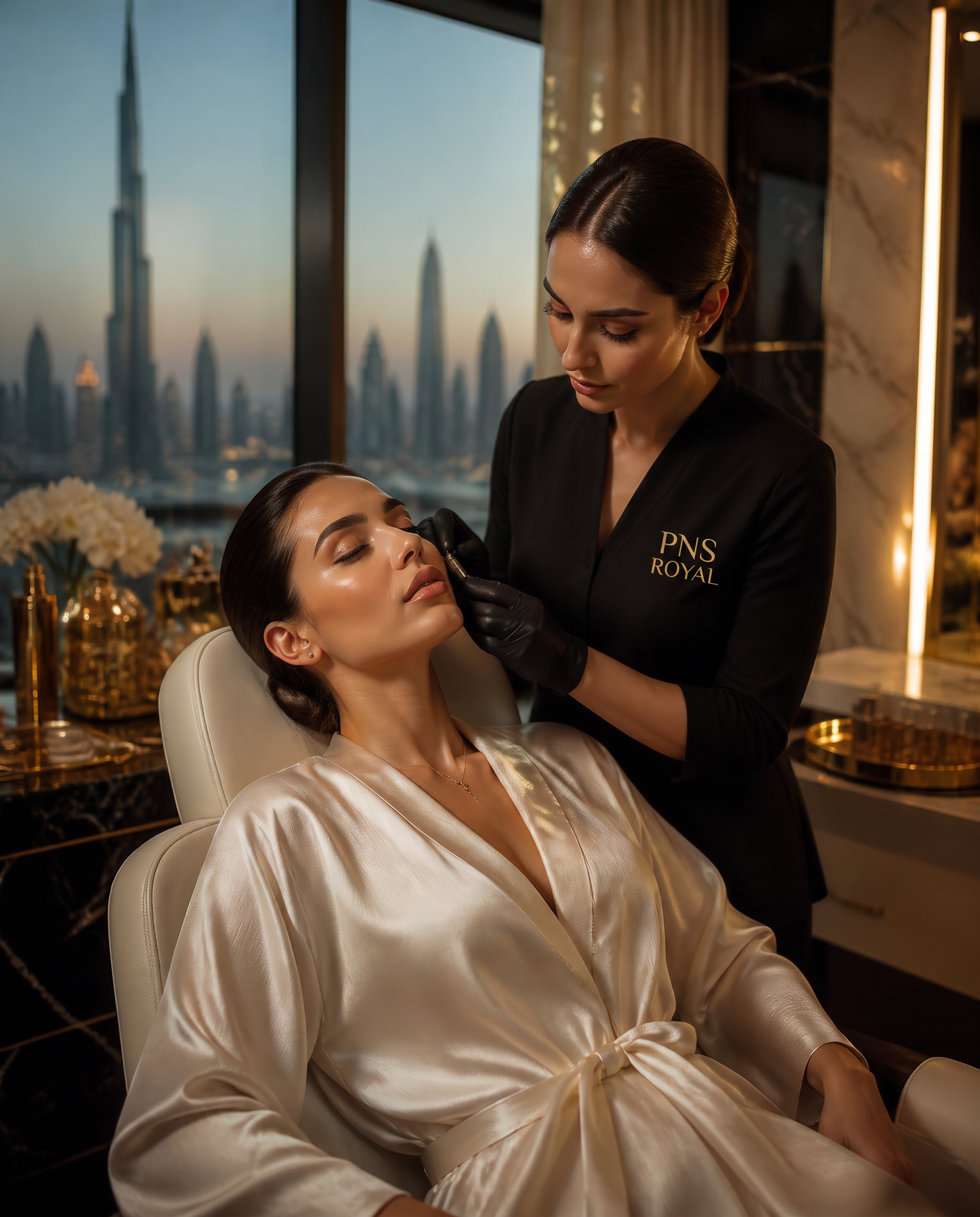 A private beauty ritual in a Dubai penthouse suite