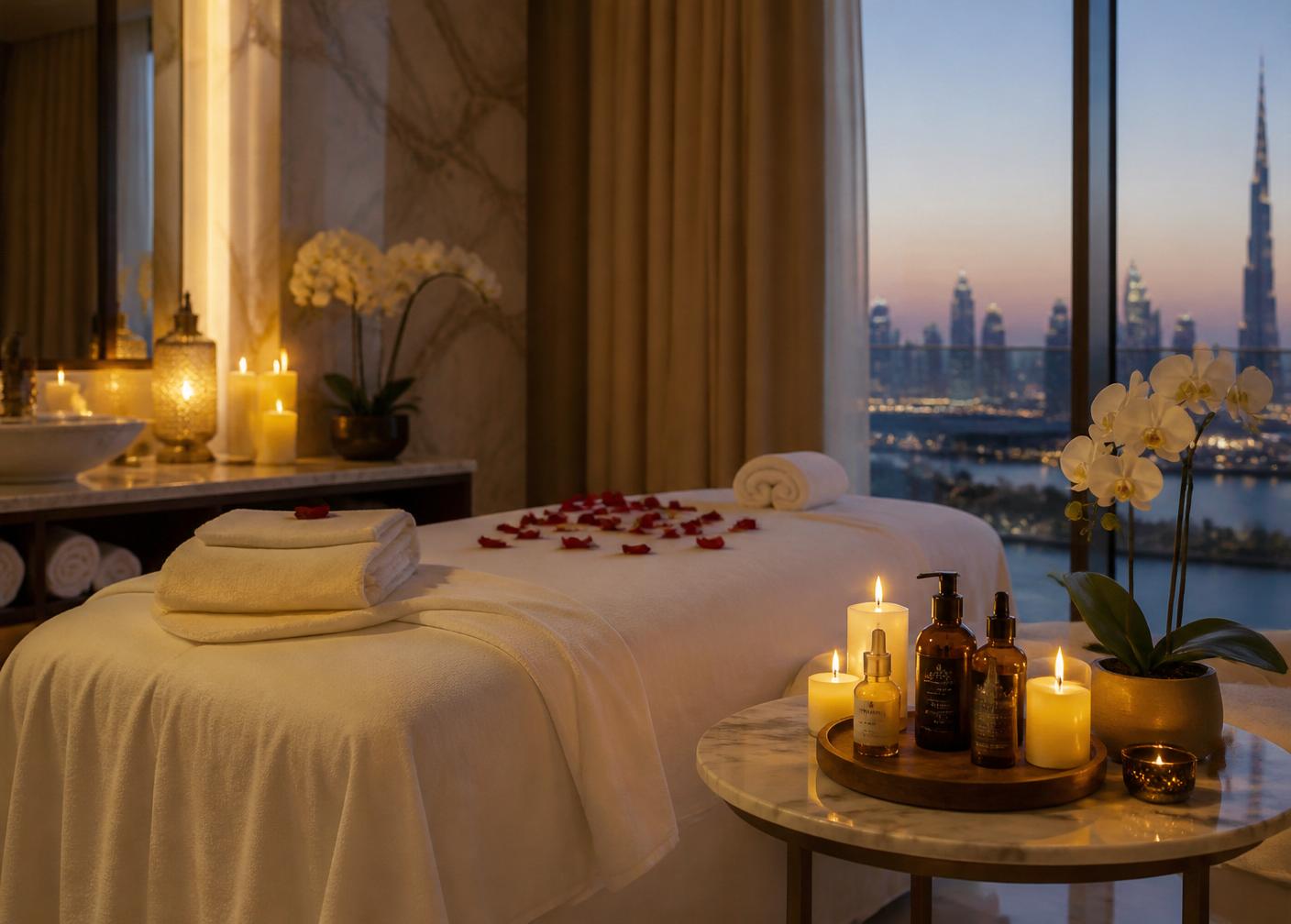 An intimate at-home spa ritual setup with rose petals and silk